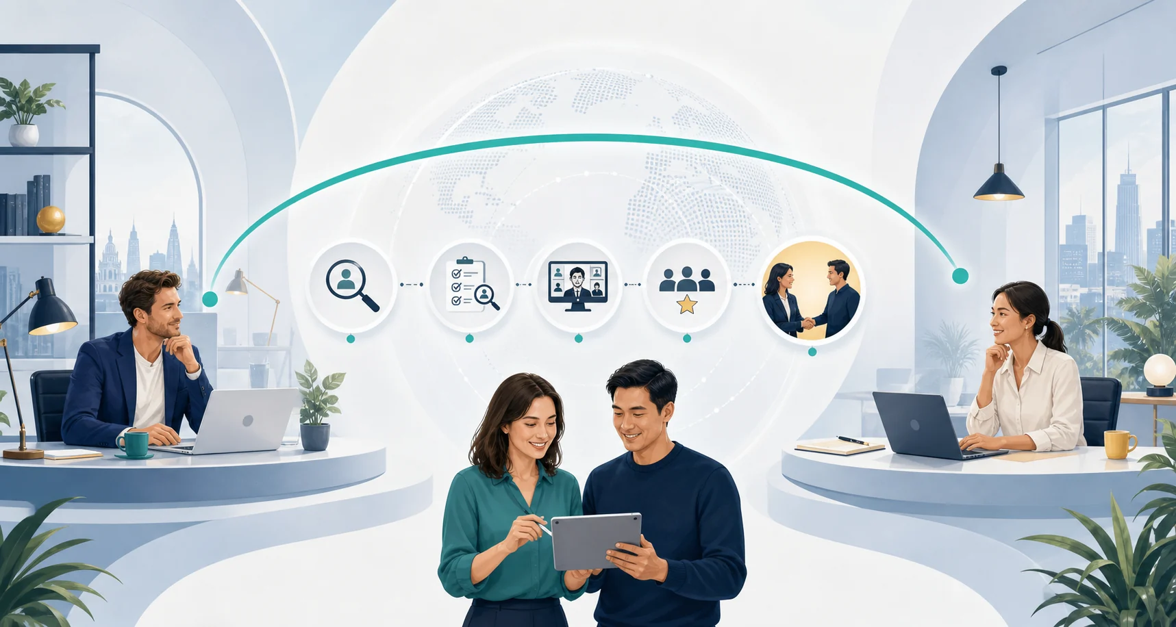 Illustration of the SBS managed service: a client and an operations team connected by a teal arc across five stages — discovery, planning, matching, onboarding and ongoing management