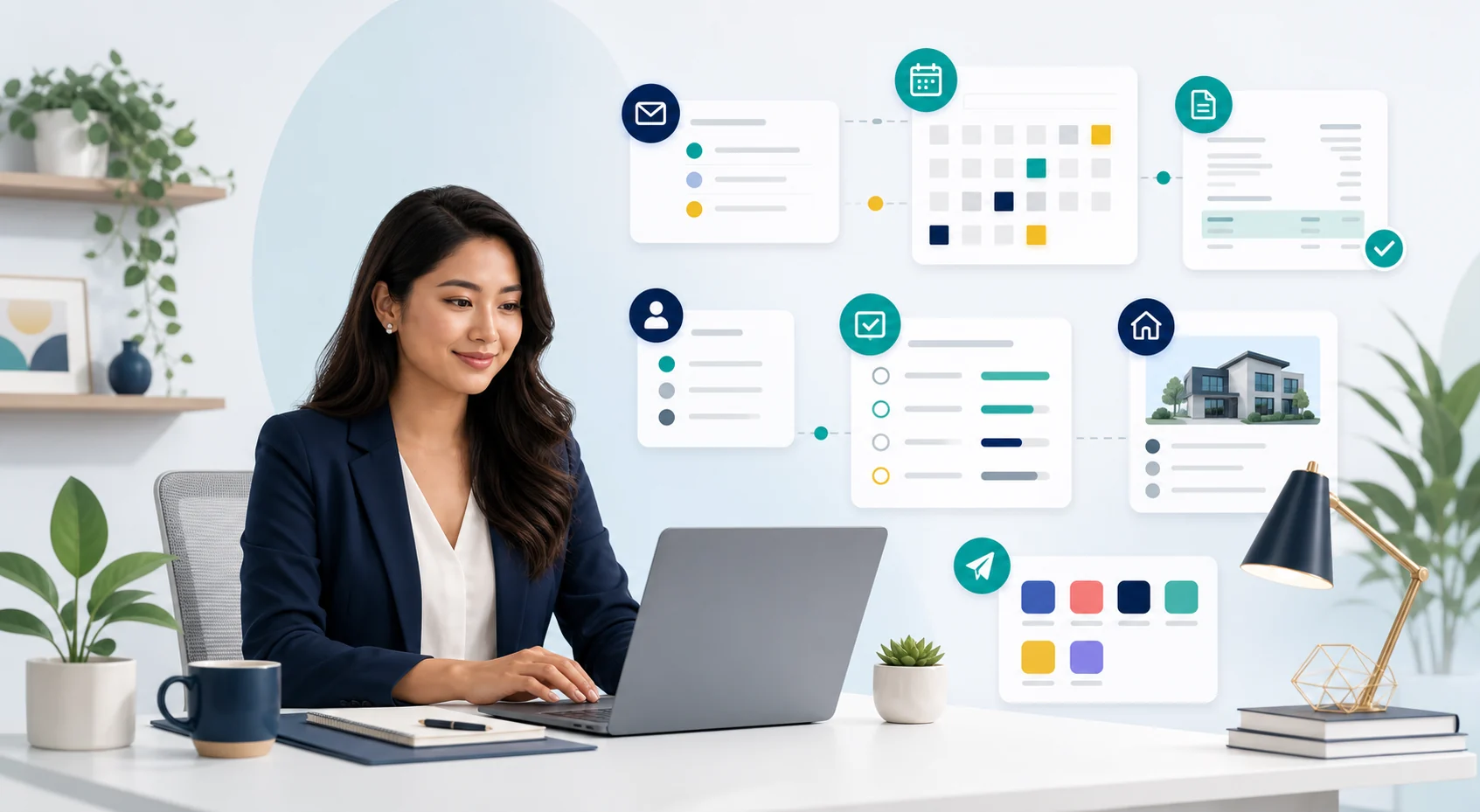 Illustration of a professional virtual assistant at a laptop surrounded by cards representing inbox, diary, documents, CRM records, task lists and property administration