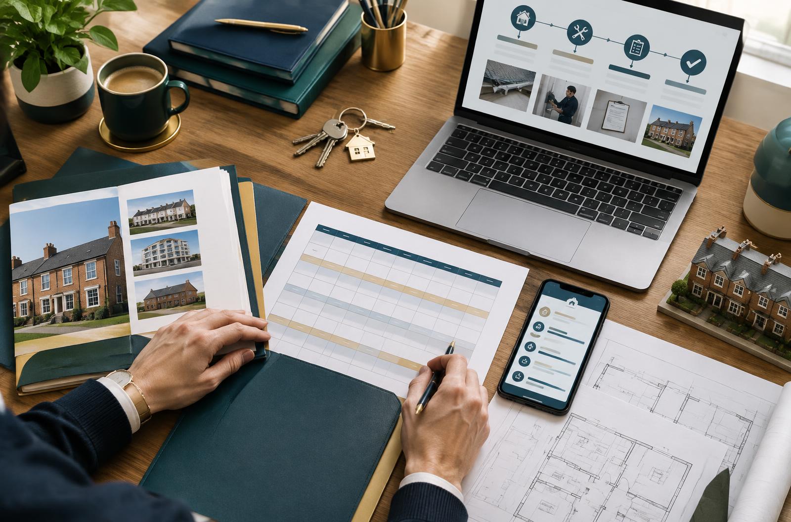 Organised property portfolio records, keys and maintenance workflow on a professional desk